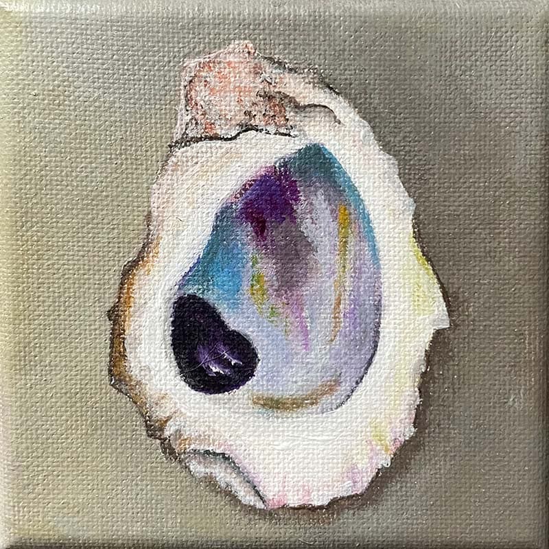 An acrylic painting of an oyster shell facing upwards.