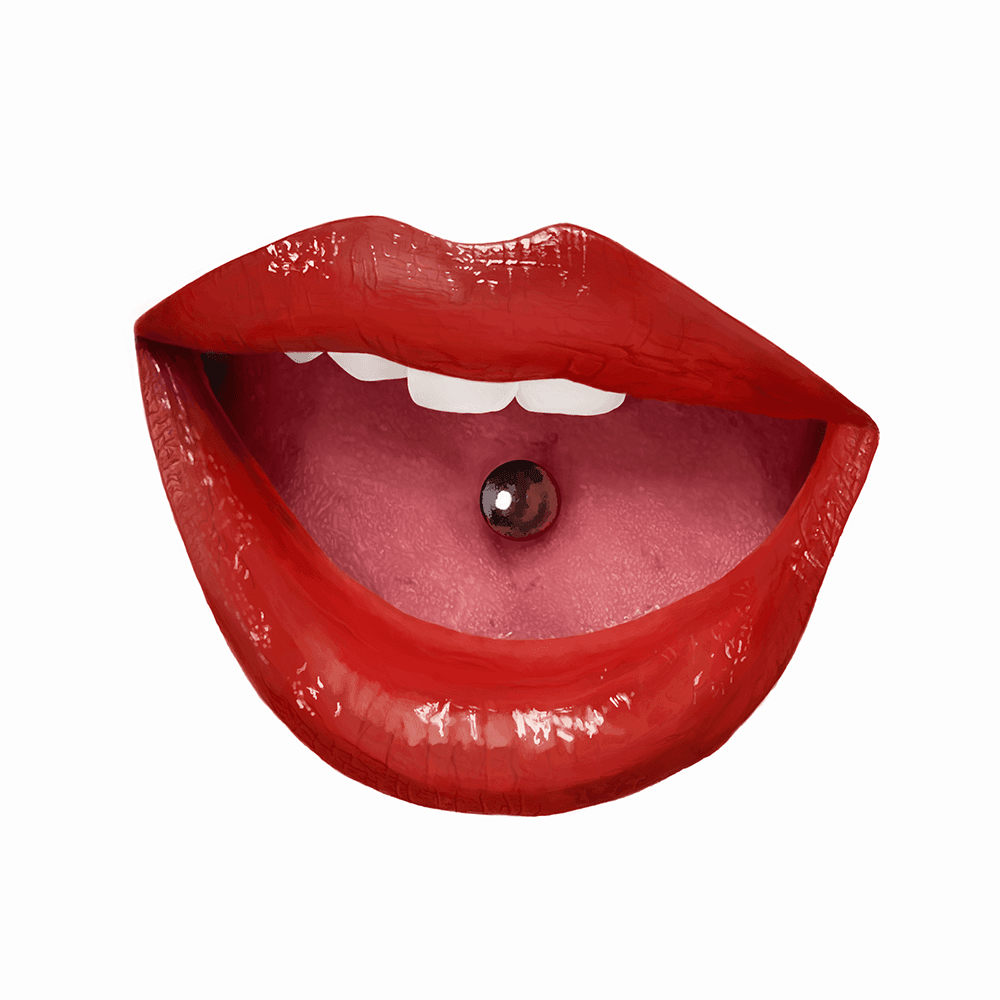 Digital painting of red lips with a tongue piercing.